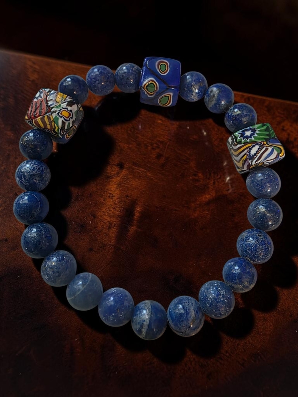 Handmade Lapis Lazuli and Millefiori Glass Stretch Bracelet